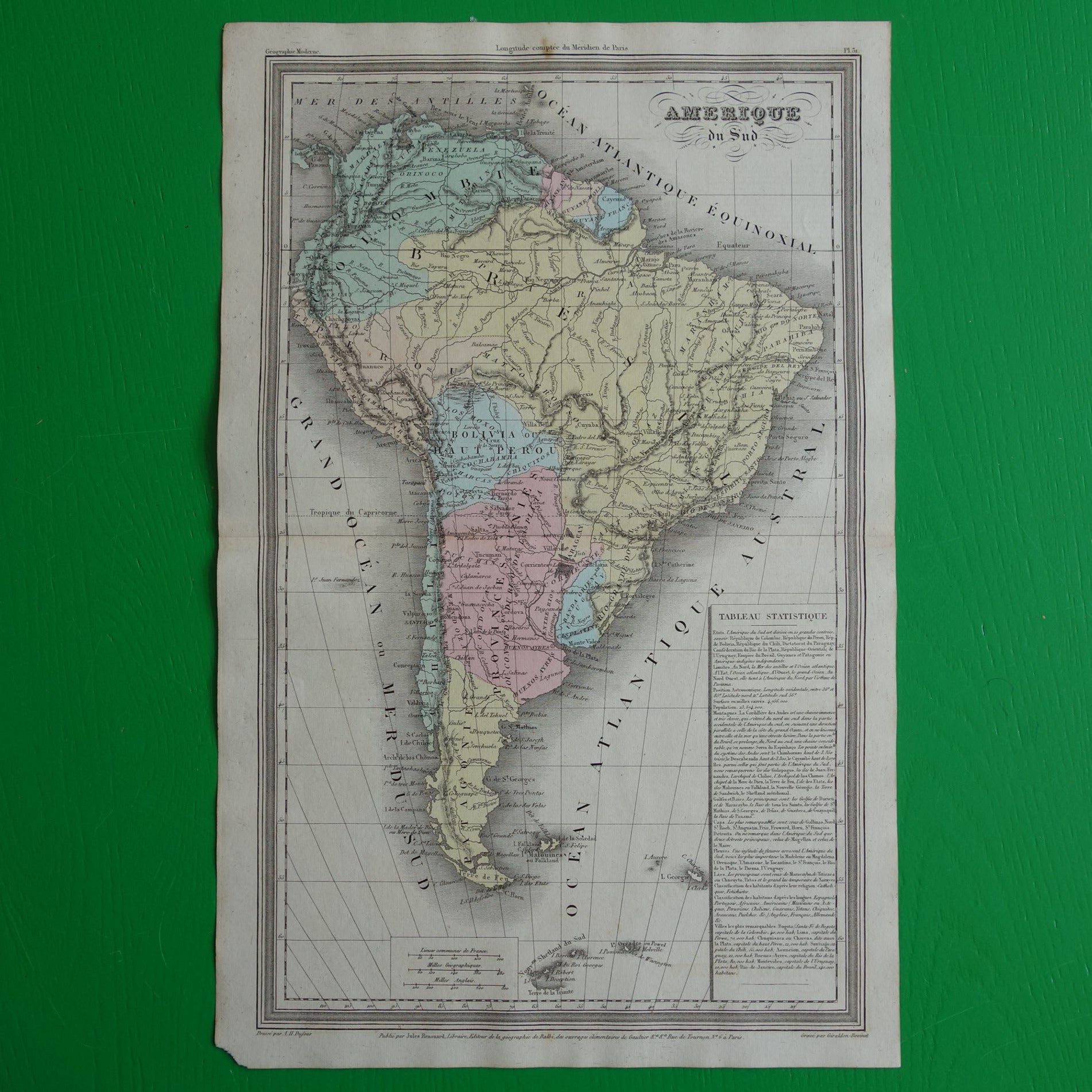 180+ jaar oude landkaart van Zuid-Amerika Originele Franse handgekleurde kaart uit 1838