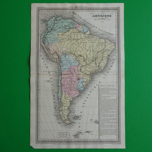 180+ jaar oude landkaart van Zuid-Amerika Originele Franse handgekleurde kaart uit 1838