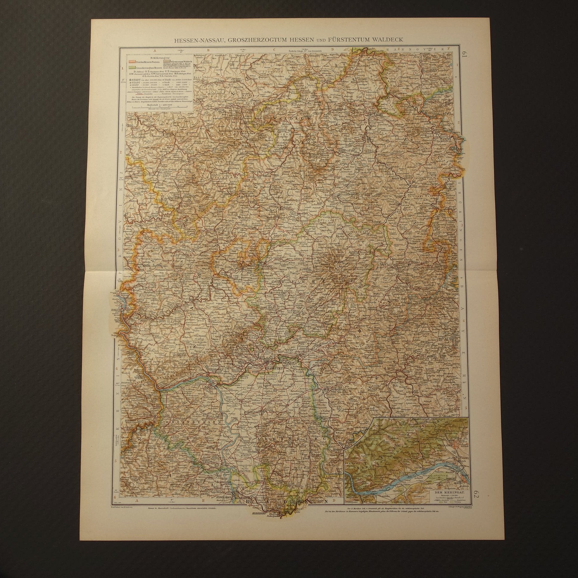 Oude kaart van Hessen Rheingau Duitsland Gedetailleerde grote landkaart met jaartal 1910 Originele vintage kaarten Waldeck Rijnland-Palts