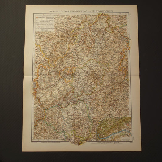 Oude kaart van Hessen Rheingau Duitsland Gedetailleerde grote landkaart met jaartal 1910 Originele vintage kaarten Waldeck Rijnland-Palts