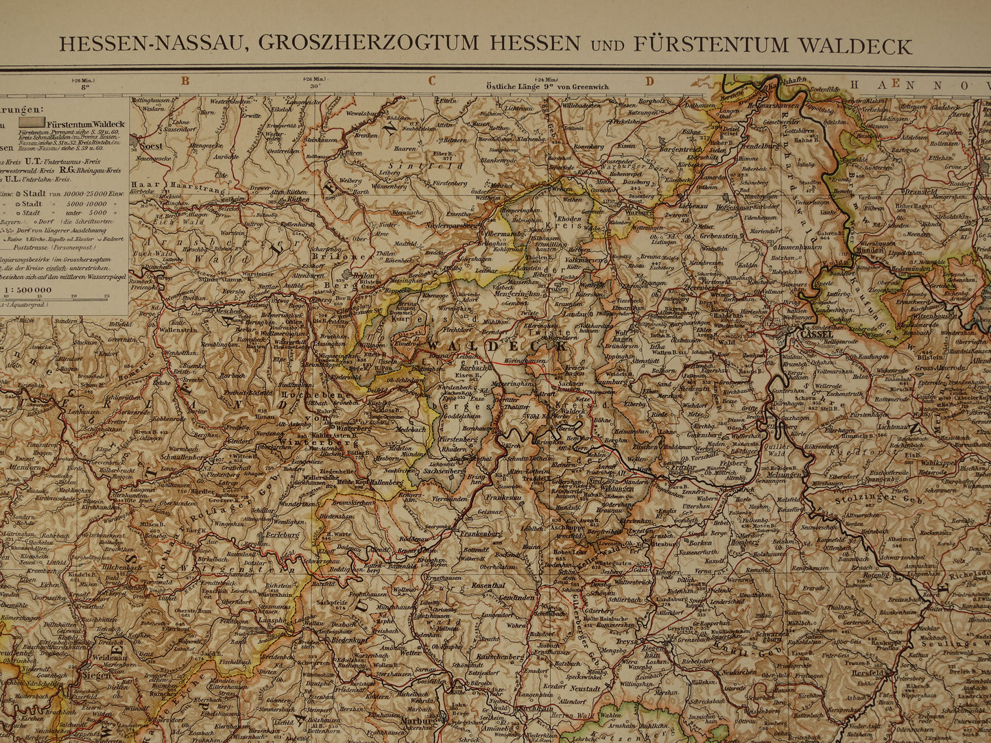 Old map of Hesse Rheingau Germany Detailed large map with year 1910 Original vintage maps Waldeck Rhineland-Palatinate