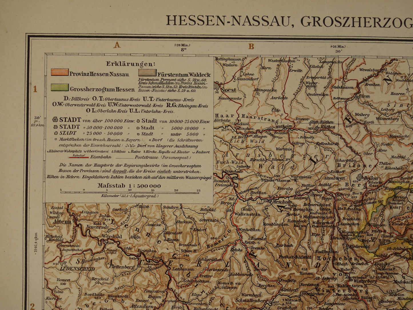 Old map of Hesse Rheingau Germany Detailed large map with year 1910 Original vintage maps Waldeck Rhineland-Palatinate