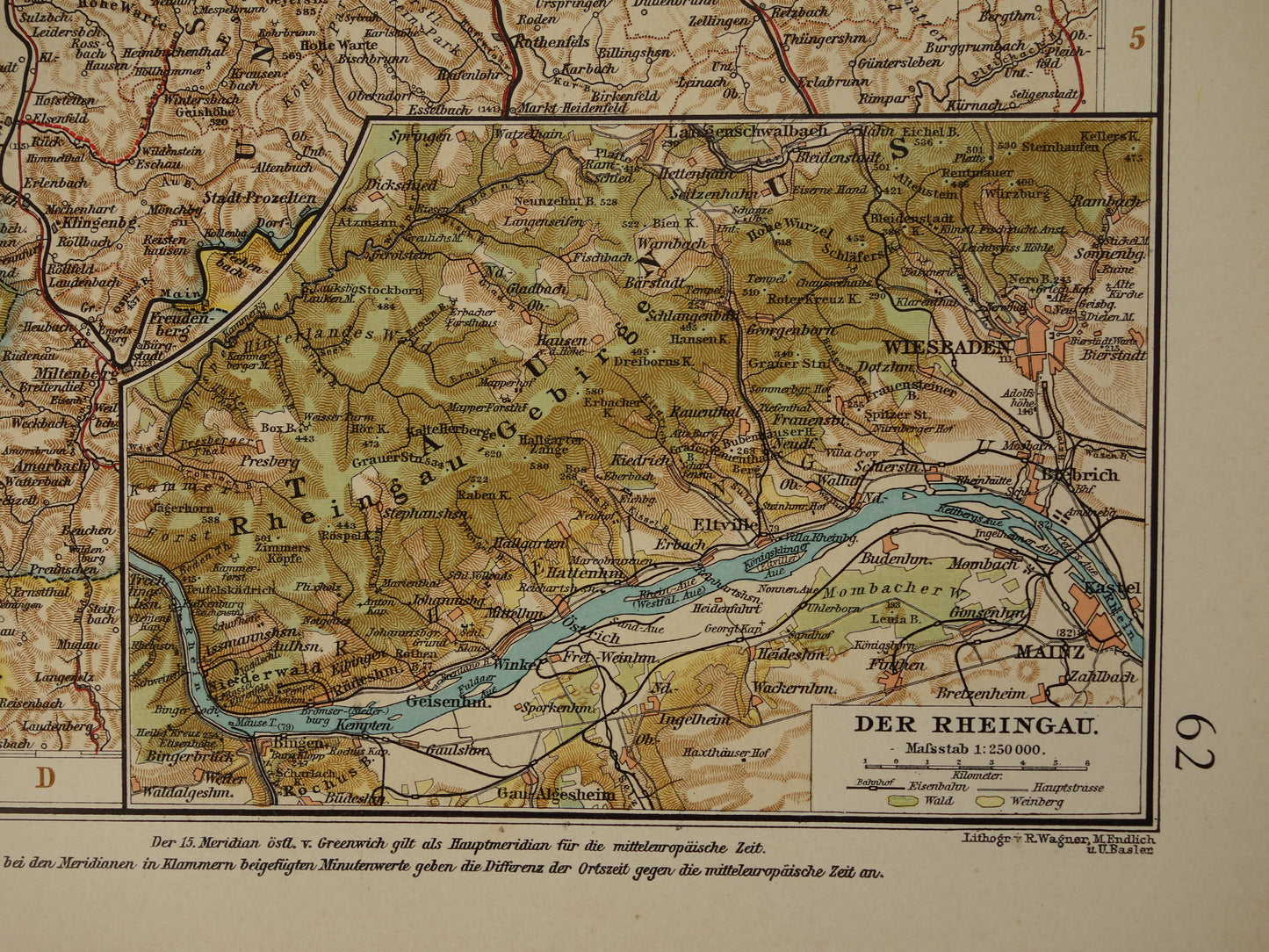 Old map of Hesse Rheingau Germany Detailed large map with year 1910 Original vintage maps Waldeck Rhineland-Palatinate