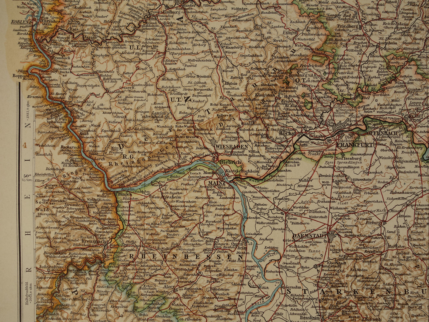Old map of Hesse Rheingau Germany Detailed large map with year 1910 Original vintage maps Waldeck Rhineland-Palatinate