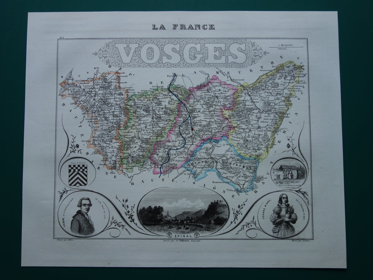 Old map of VOSGES department in France from 1856 original antique hand-colored map Épinal Contrexéville Gérardmer Jeanne d'Arc