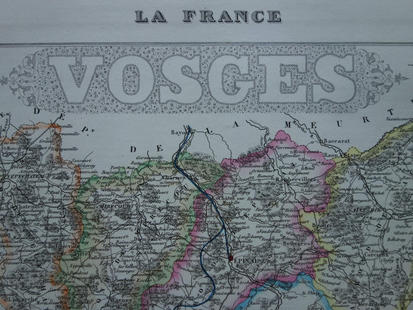 Old map of VOSGES department in France from 1856 original antique hand-colored map Épinal Contrexéville Gérardmer Jeanne d'Arc