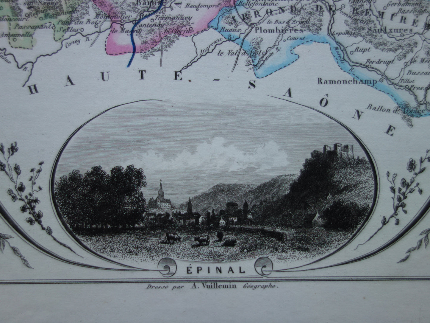 Old map of VOSGES department in France from 1856 original antique hand-colored map Épinal Contrexéville Gérardmer Jeanne d'Arc