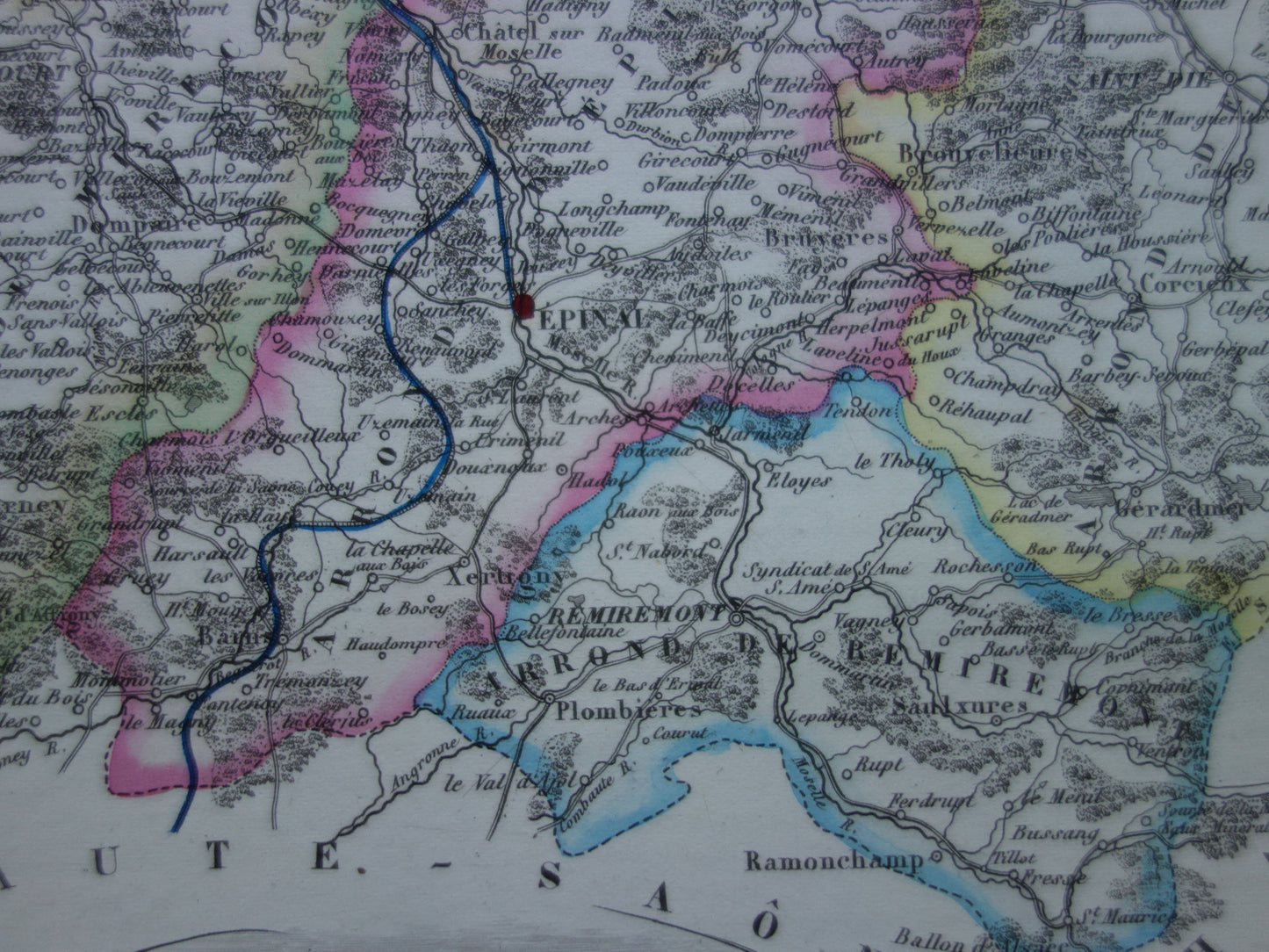 Old map of VOSGES department in France from 1856 original antique hand-colored map Épinal Contrexéville Gérardmer Jeanne d'Arc