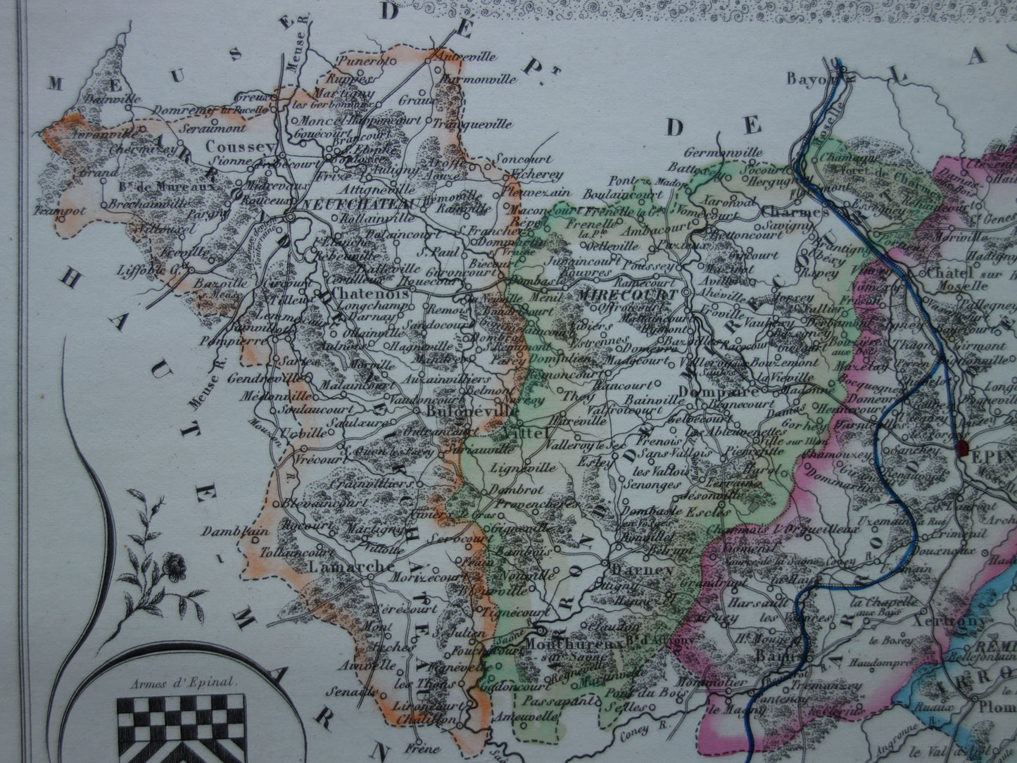 Old map of VOSGES department in France from 1856 original antique hand-colored map Épinal Contrexéville Gérardmer Jeanne d'Arc