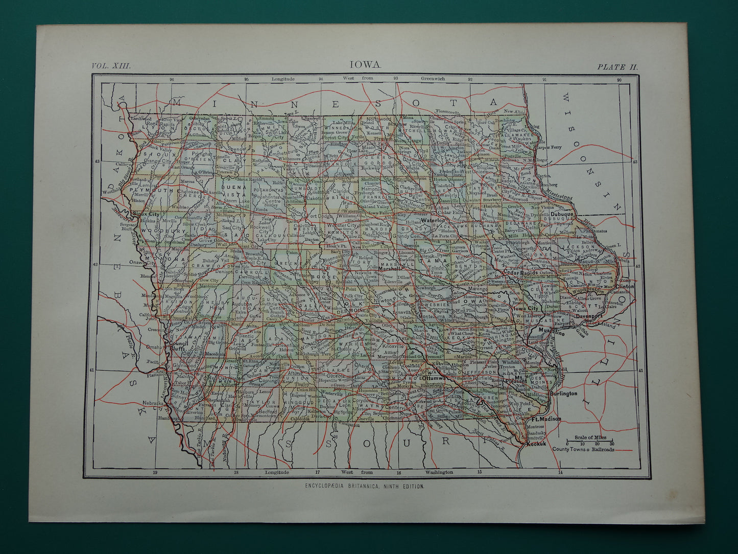 Old map of Iowa United States from 1880 original antique map state of Iowa