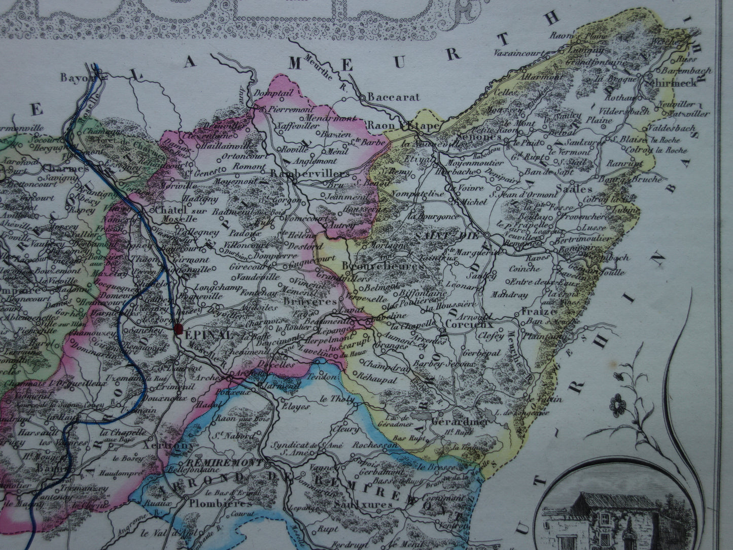 Old map of VOSGES department in France from 1856 original antique hand-colored map Épinal Contrexéville Gérardmer Jeanne d'Arc