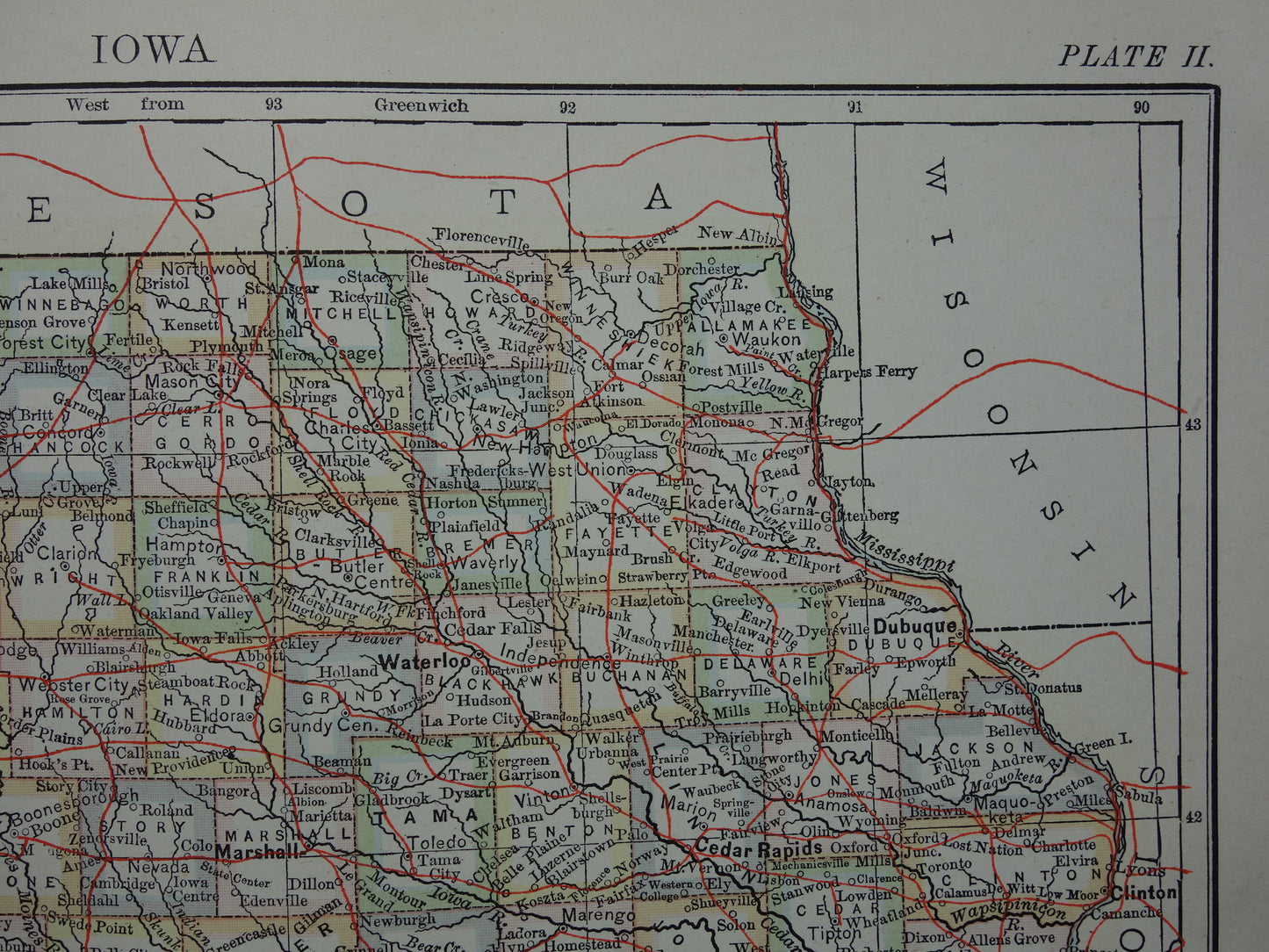 Old map of Iowa United States from 1880 original antique map state of Iowa