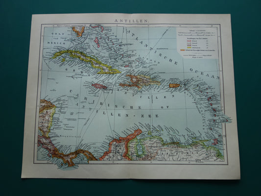 ANTILLEN Oude Nederlandse kaart van het Caraïbisch gebied 1914 originele antieke landkaart