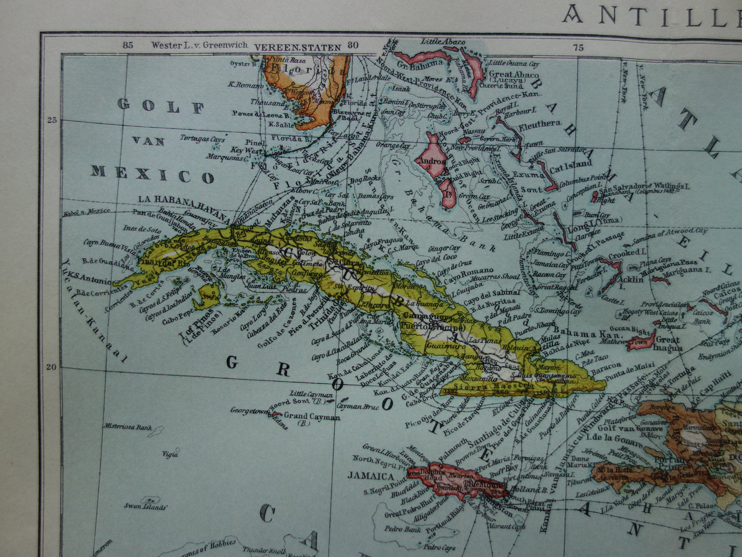 ANTILLEN Oude Nederlandse kaart van het Caraïbisch gebied 1914 originele antieke landkaart