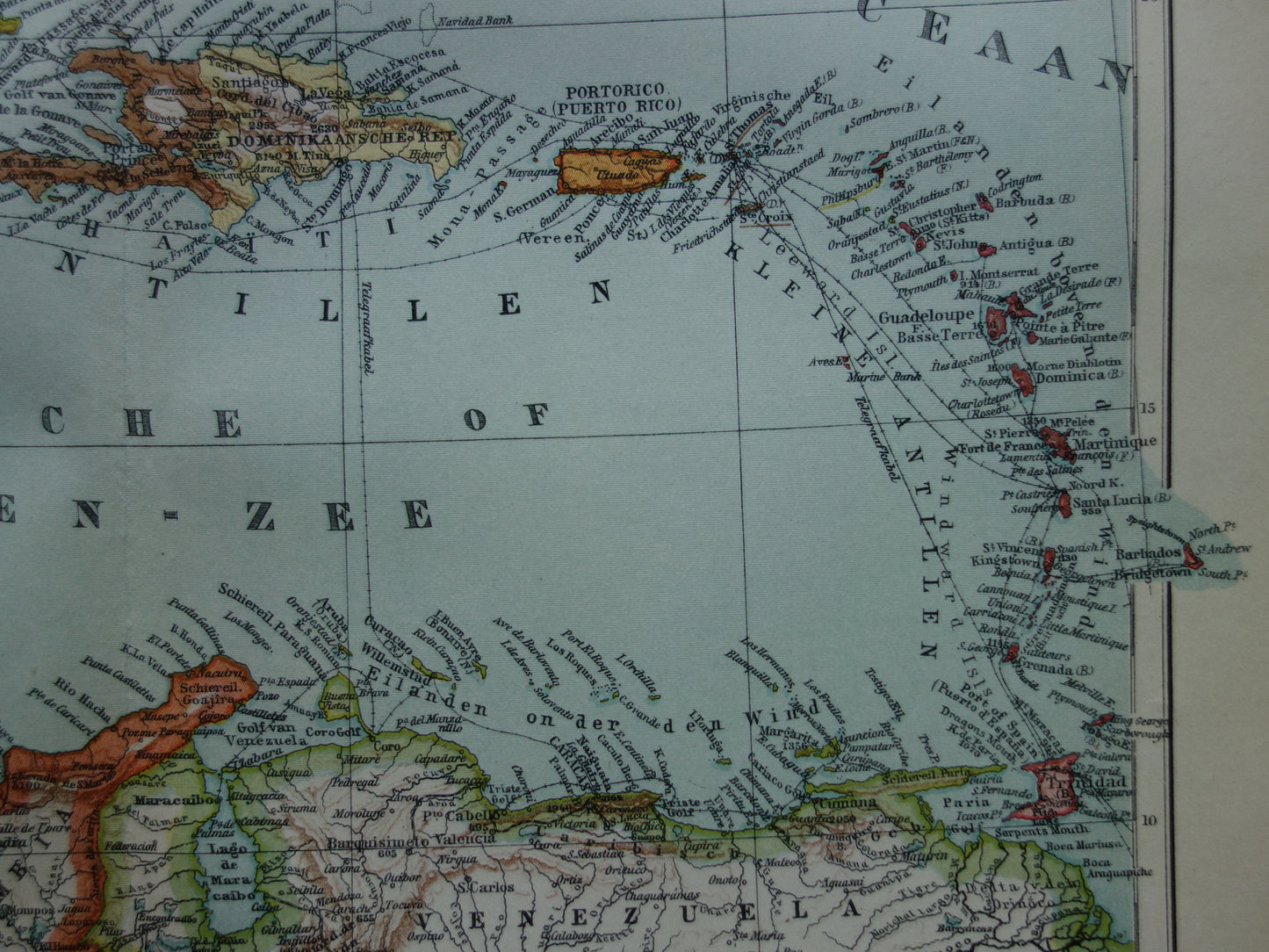 ANTILLEN Oude Nederlandse kaart van het Caraïbisch gebied 1914 originele antieke landkaart