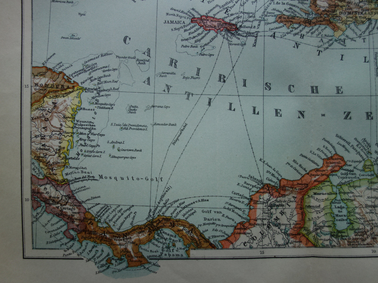 ANTILLEN Oude Nederlandse kaart van het Caraïbisch gebied 1914 originele antieke landkaart