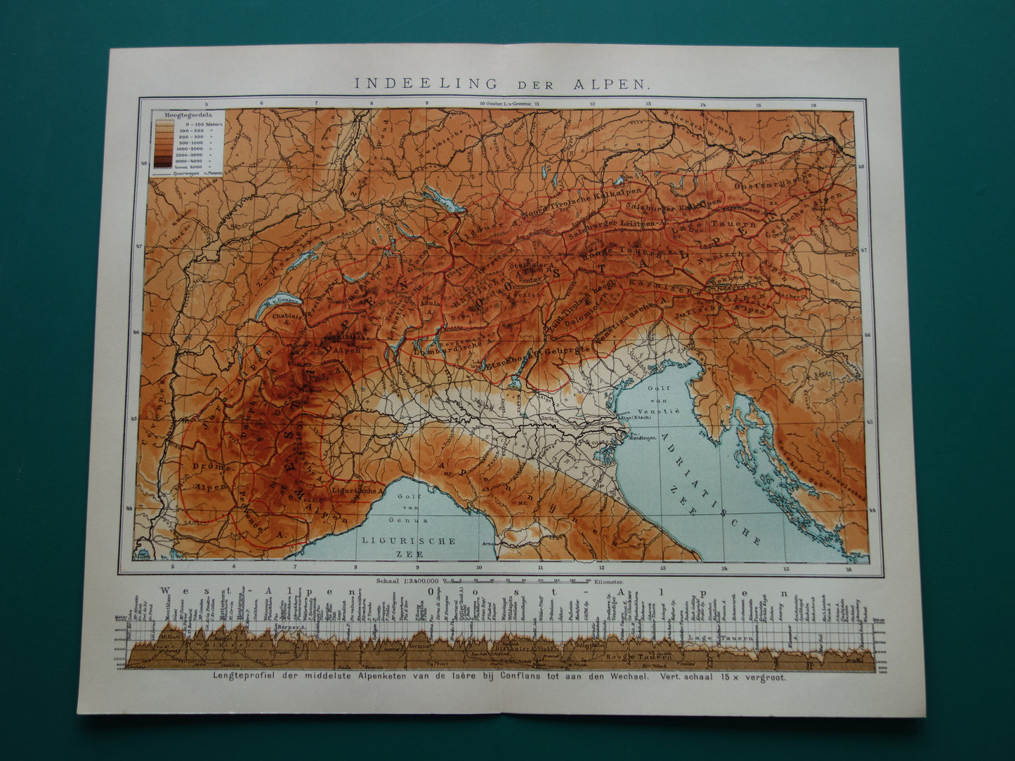 Old map of the Alps from 1914 - original vintage elevation map of the Alps antique map