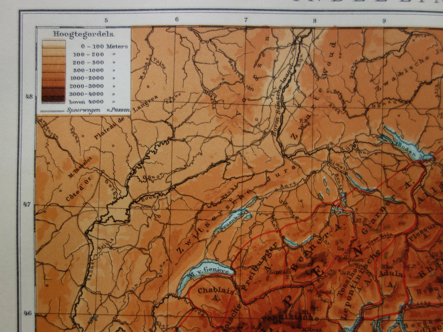 Old map of the Alps from 1914 - original vintage elevation map of the Alps antique map
