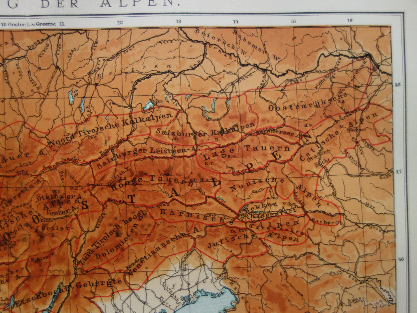 Old map of the Alps from 1914 - original vintage elevation map of the Alps antique map