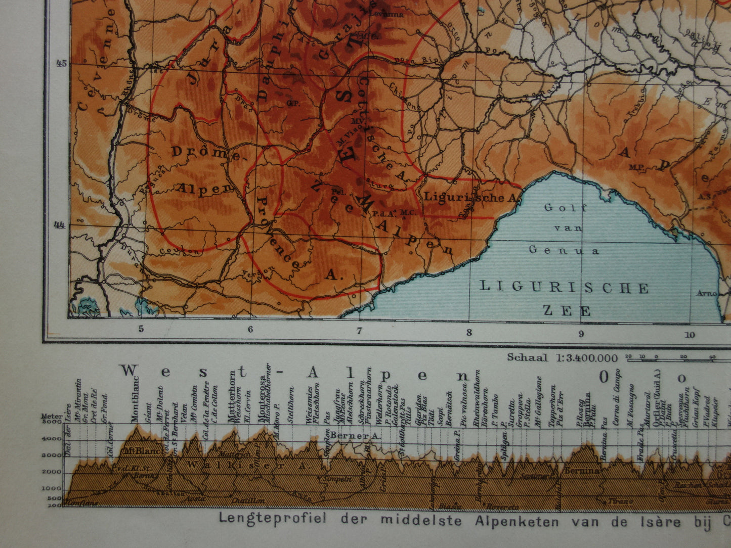 Old map of the Alps from 1914 - original vintage elevation map of the Alps antique map