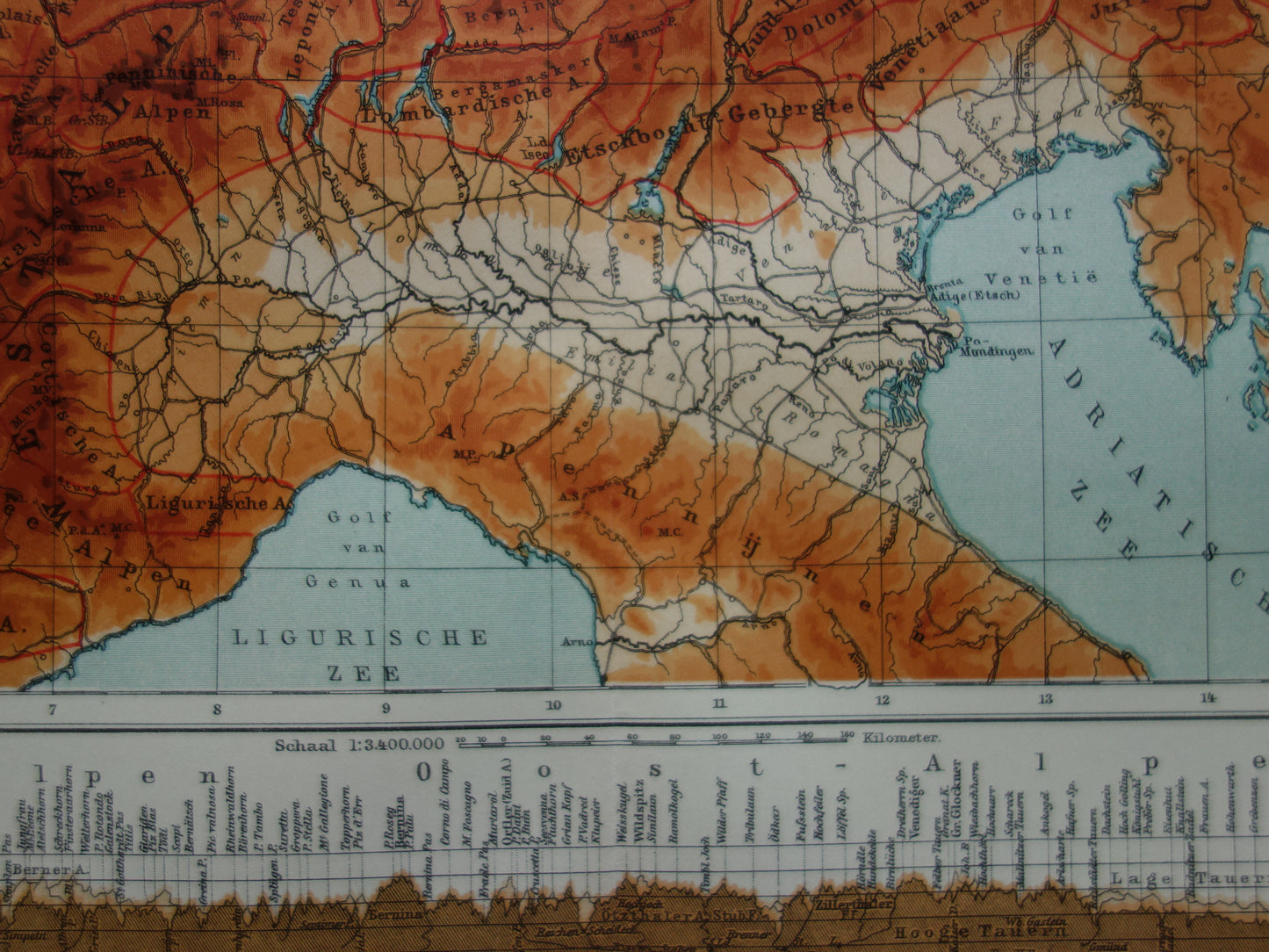 Old map of the Alps from 1914 - original vintage elevation map of the Alps antique map