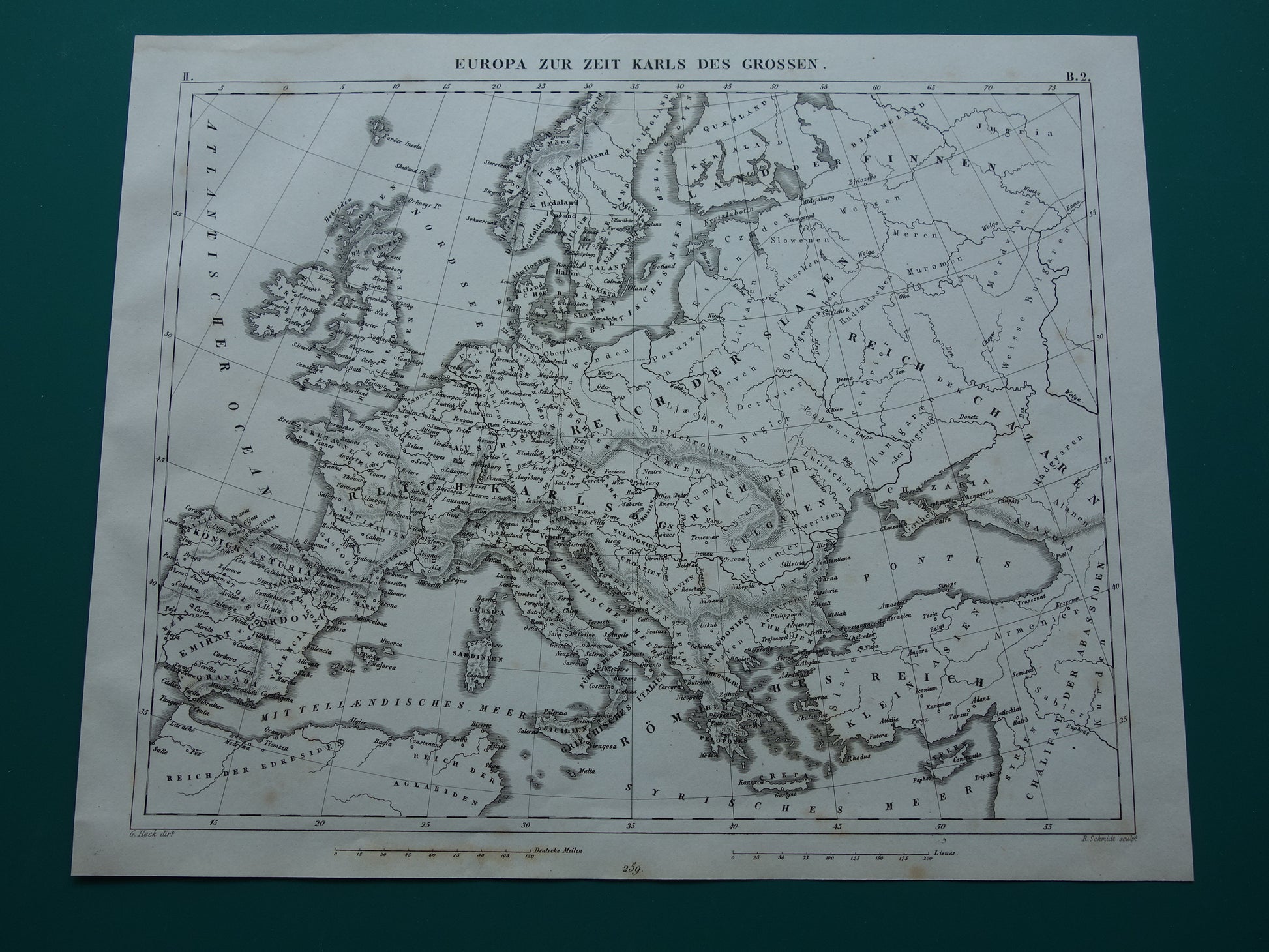 Antieke kaart van EUROPA tijdens Karel de Grote 170+ jaar oude landkaart van continent uit 1849 - originele vintage historische kaarten Rijk Carolus Magnus