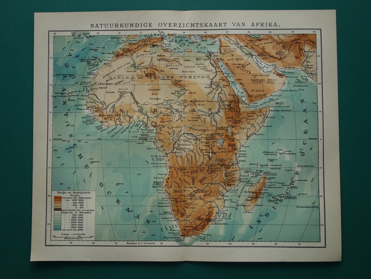 Old physical map of Africa from 1914 original vintage map elevation map of Africa continent - old Dutch maps