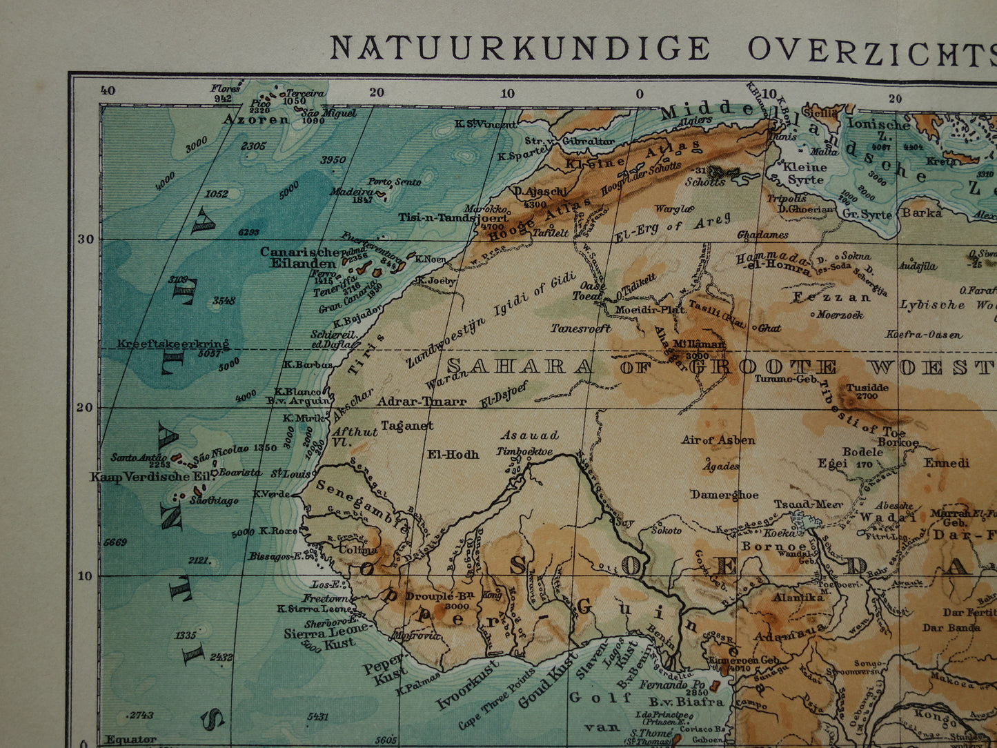 Old physical map of Africa from 1914 original vintage map elevation map of Africa continent - old Dutch maps