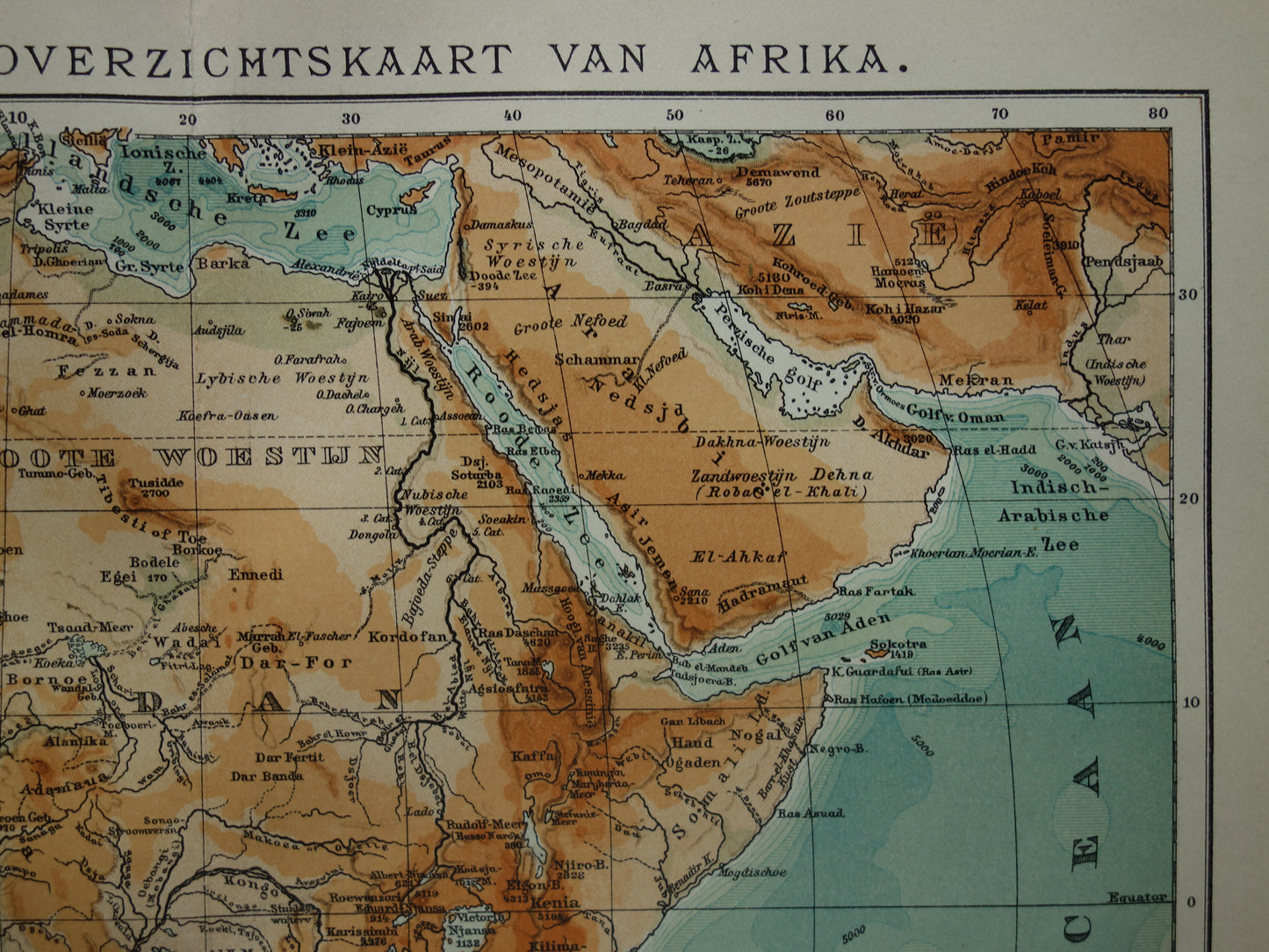 Old physical map of Africa from 1914 original vintage map elevation map of Africa continent - old Dutch maps