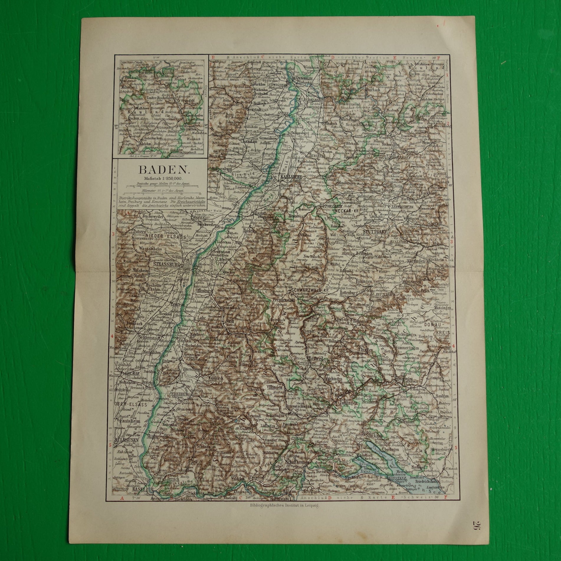 BADEN oude kaart van Baden Duitsland 1913 originele antieke Duitse landkaart Stuttgart Karlsruhe