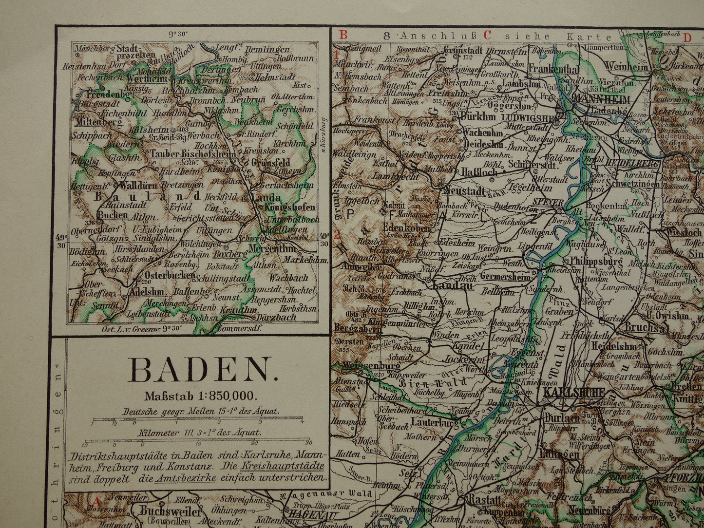 BADEN old map of Baden Germany 1913 original antique German map Stuttgart Karlsruhe