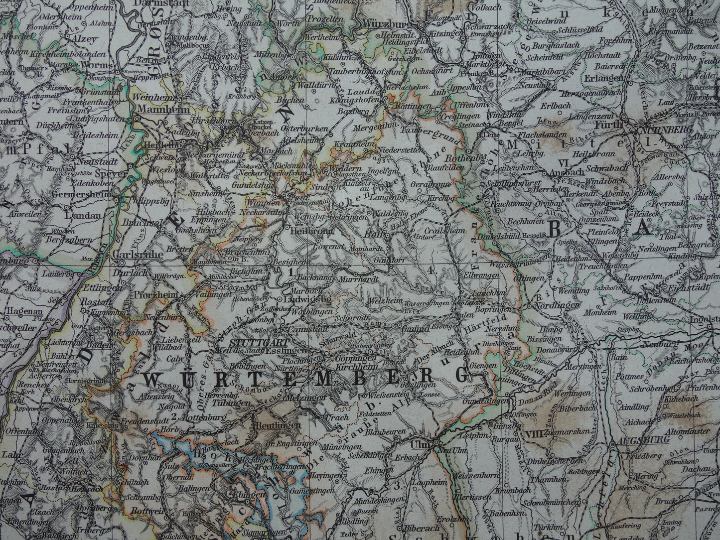 Oude landkaart van Zuid-Duitsland en Zwitserland originele 145+ jaar oude antieke kaart Elzas Lotharingen Württemberg Beieren