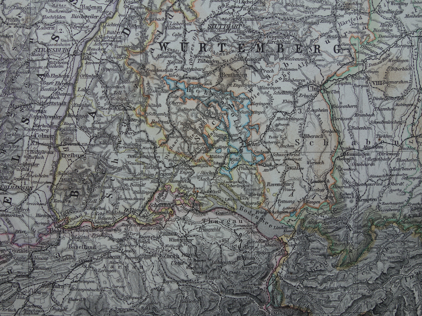 Oude landkaart van Zuid-Duitsland en Zwitserland originele 145+ jaar oude antieke kaart Elzas Lotharingen Württemberg Beieren
