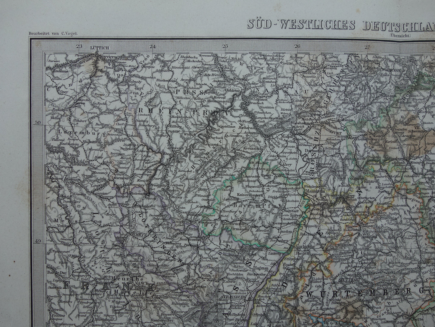 Oude landkaart van Zuid-Duitsland en Zwitserland originele 145+ jaar oude antieke kaart Elzas Lotharingen Württemberg Beieren