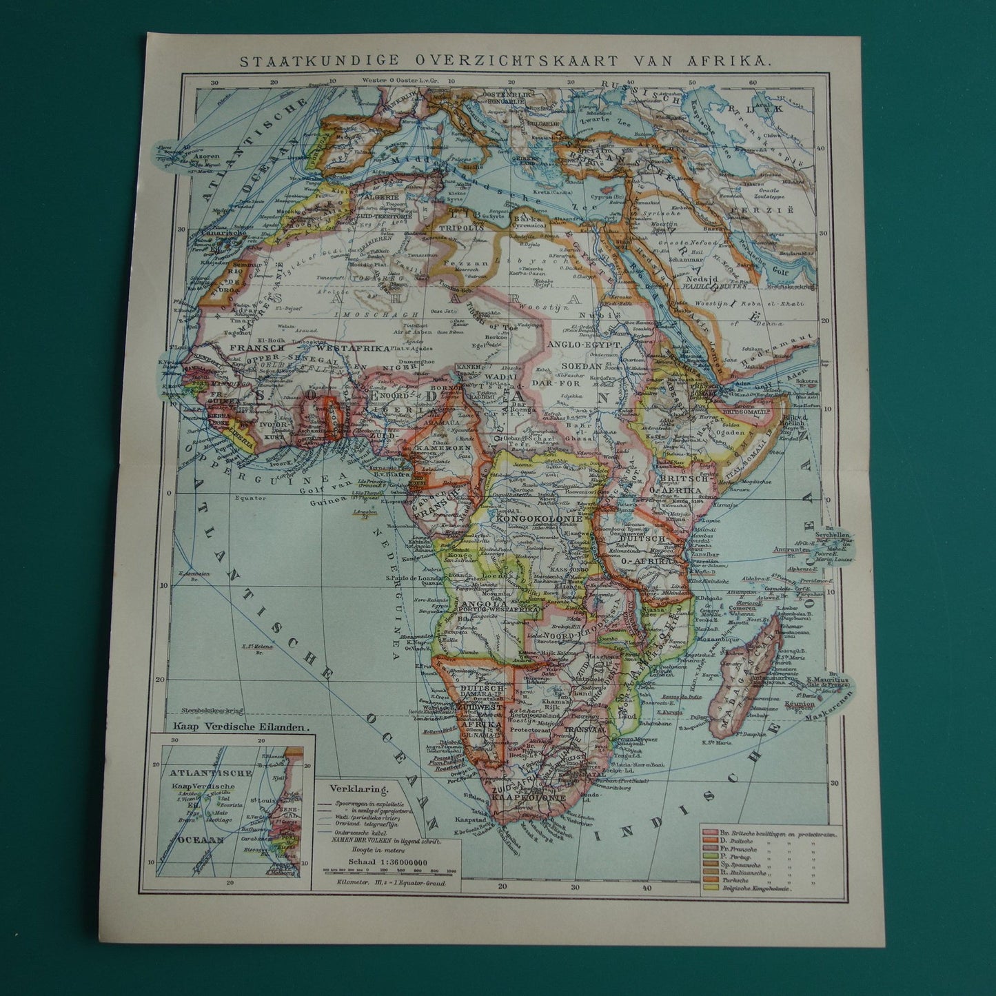 Antieke kaart van Afrika uit 1914 originele vintage landkaart van Afrika continent oude Nederlandse kaarten