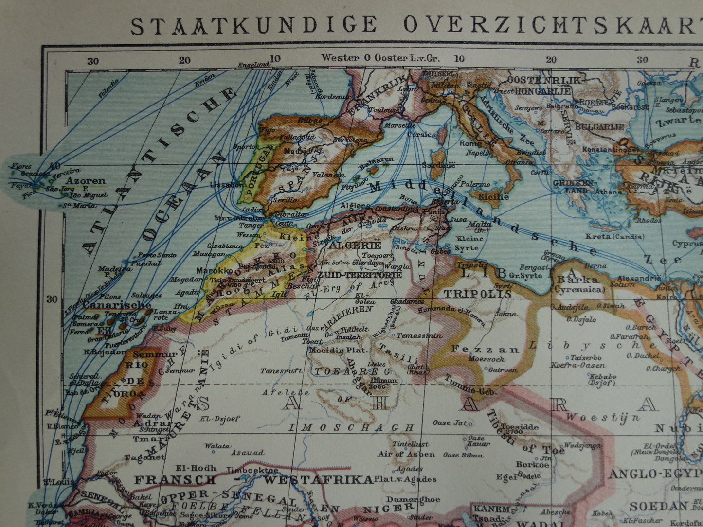 Antieke kaart van Afrika uit 1914 originele vintage landkaart van Afrika continent oude Nederlandse kaarten