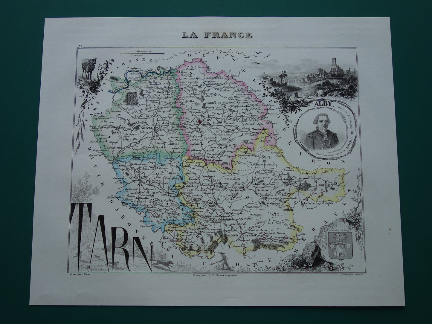 Oude kaart van TARN departement in Frankrijk uit 1856 originele antieke handgekleurde landkaart Albi Castres Gaillac Graulhet Carmaux