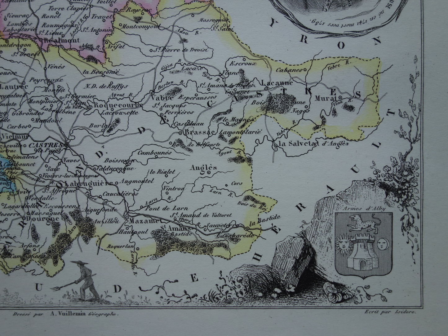 Oude kaart van TARN departement in Frankrijk uit 1856 originele antieke handgekleurde landkaart Albi Castres Gaillac Graulhet Carmaux