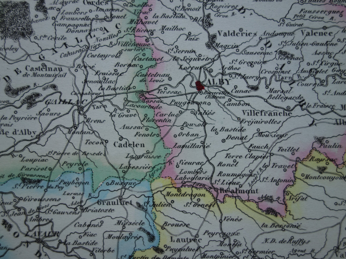 Oude kaart van TARN departement in Frankrijk uit 1856 originele antieke handgekleurde landkaart Albi Castres Gaillac Graulhet Carmaux