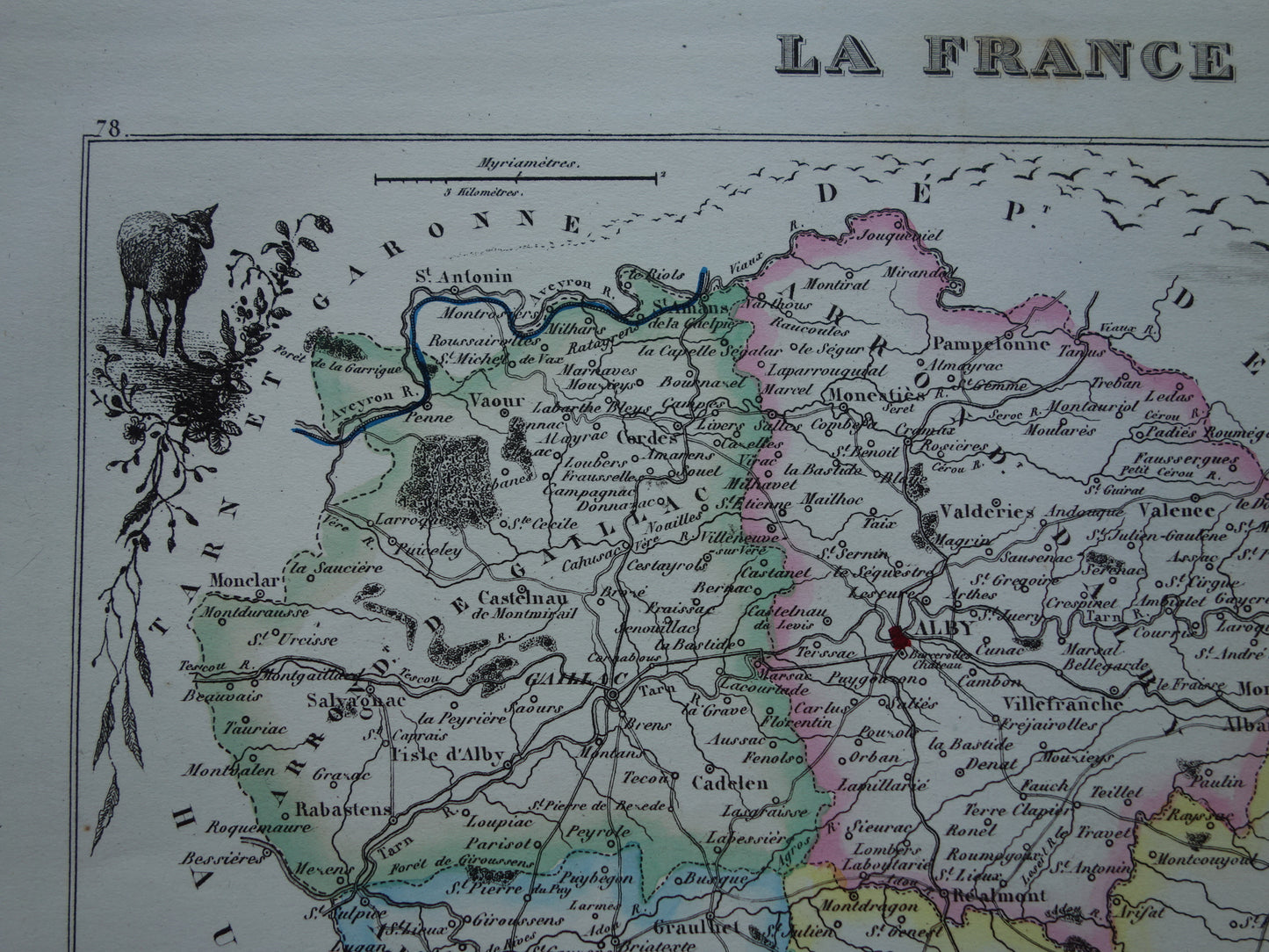 Oude kaart van TARN departement in Frankrijk uit 1856 originele antieke handgekleurde landkaart Albi Castres Gaillac Graulhet Carmaux