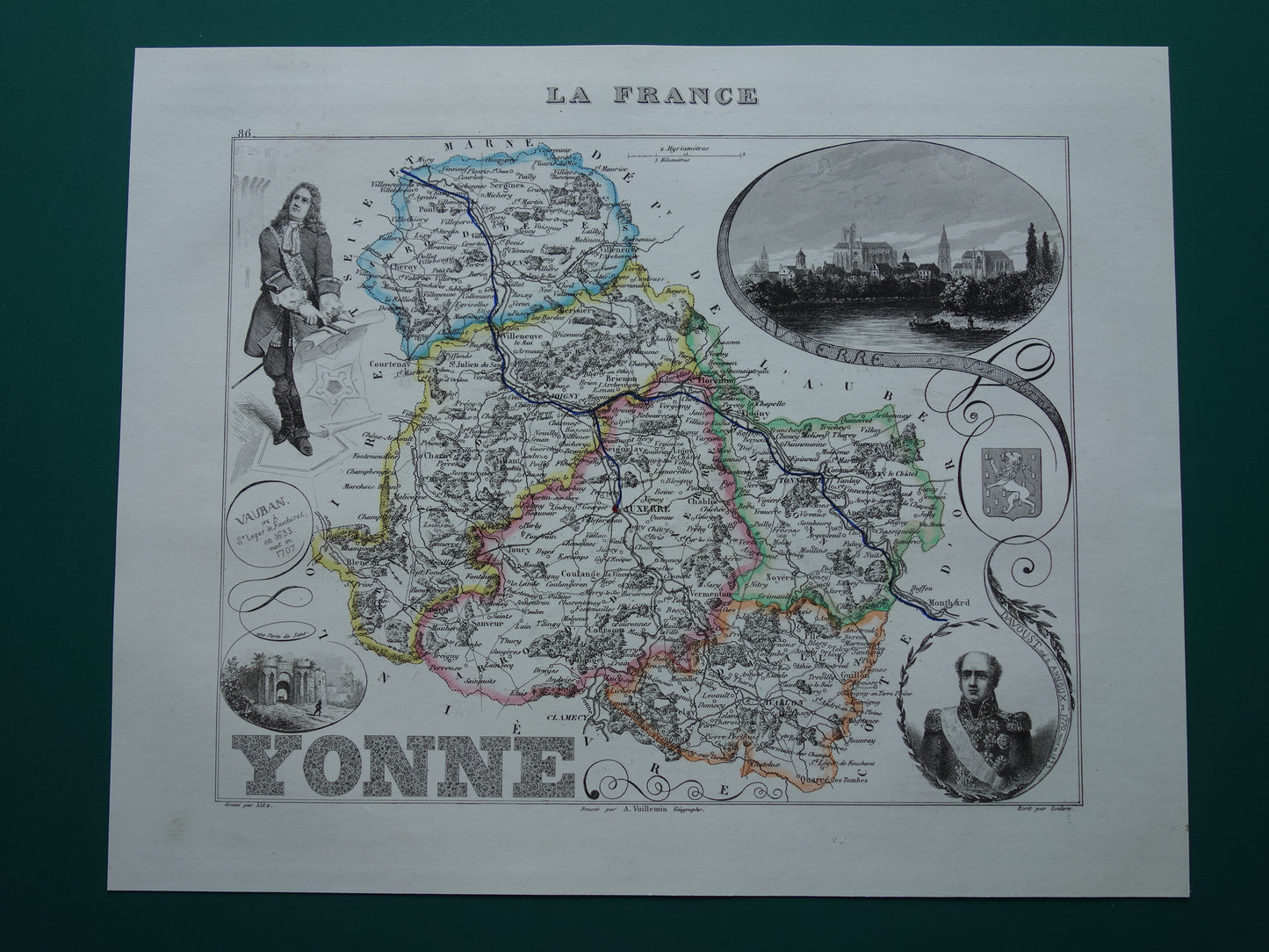 YONNE France old map from 1856 original antique hand colored map department Auxerre