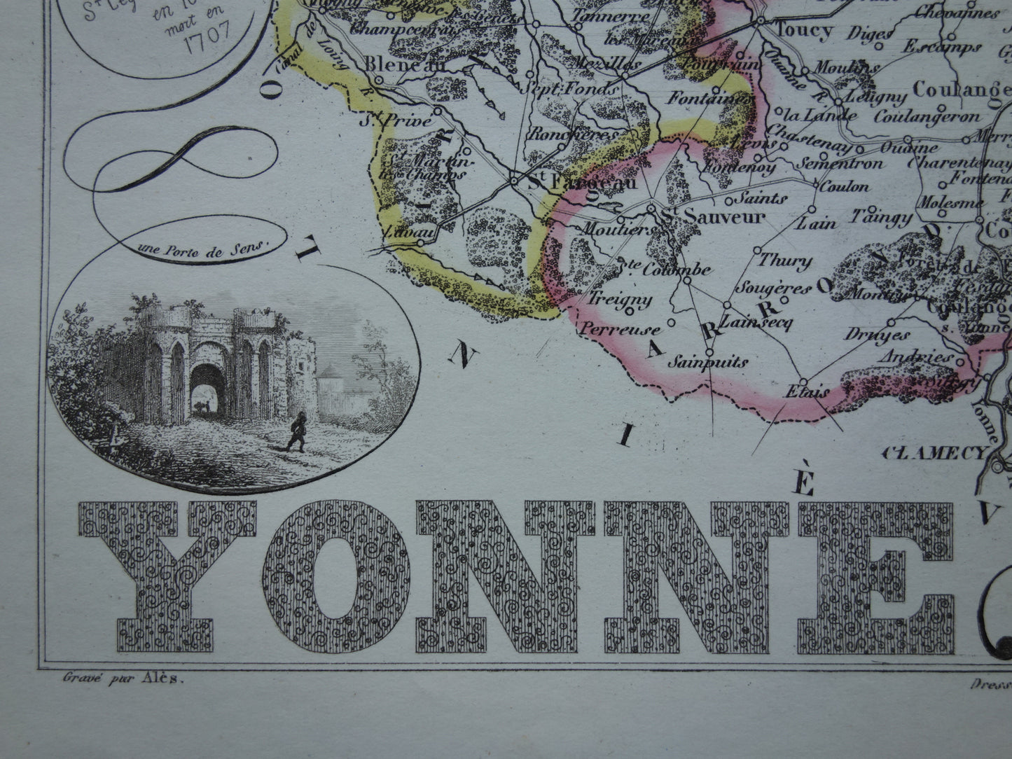 YONNE France old map from 1856 original antique hand colored map department Auxerre