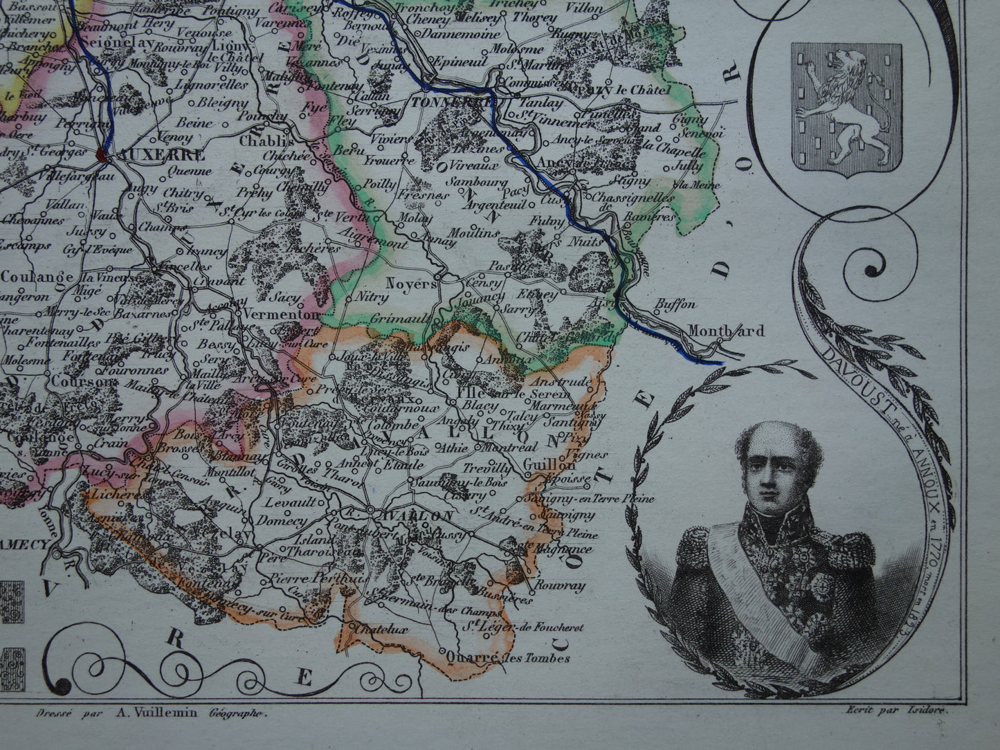 YONNE France old map from 1856 original antique hand colored map department Auxerre