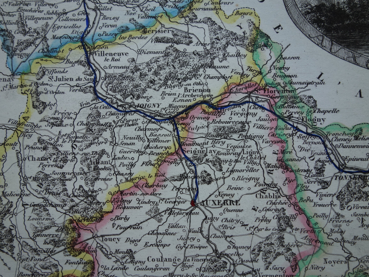 YONNE France old map from 1856 original antique hand colored map department Auxerre