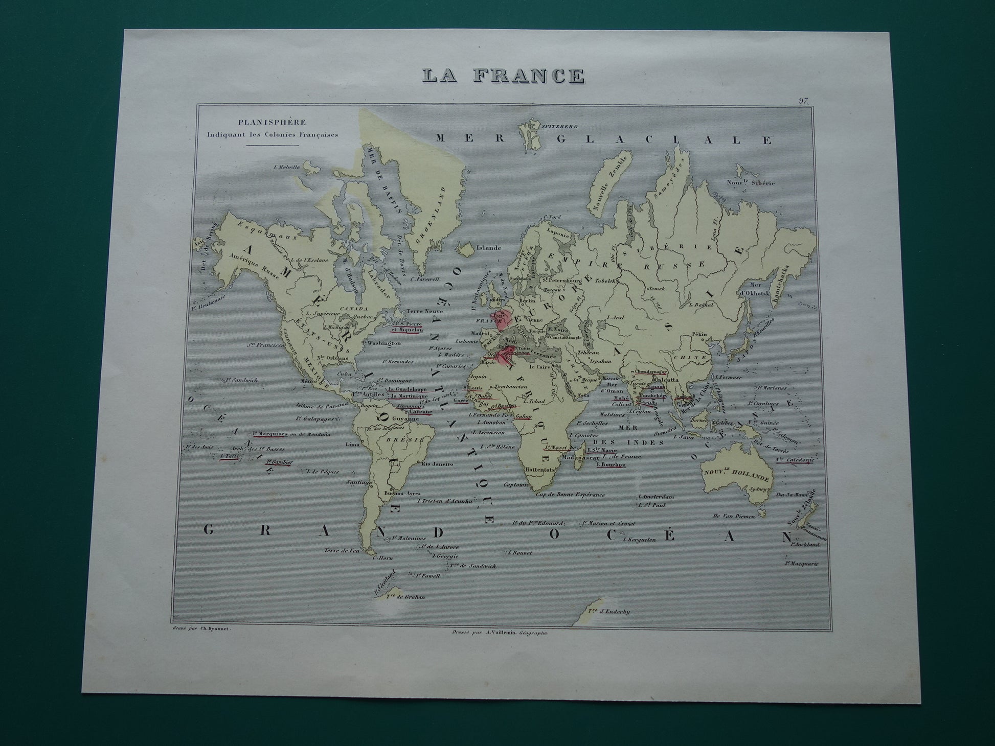 Wereldkaart met Franse koloniën uit 1870 originele antieke oude handgekleurde landkaart Frankrijk