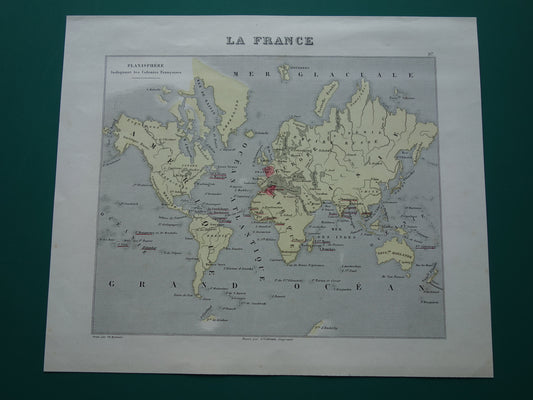 Wereldkaart met Franse koloniën uit 1870 originele antieke oude handgekleurde landkaart Frankrijk