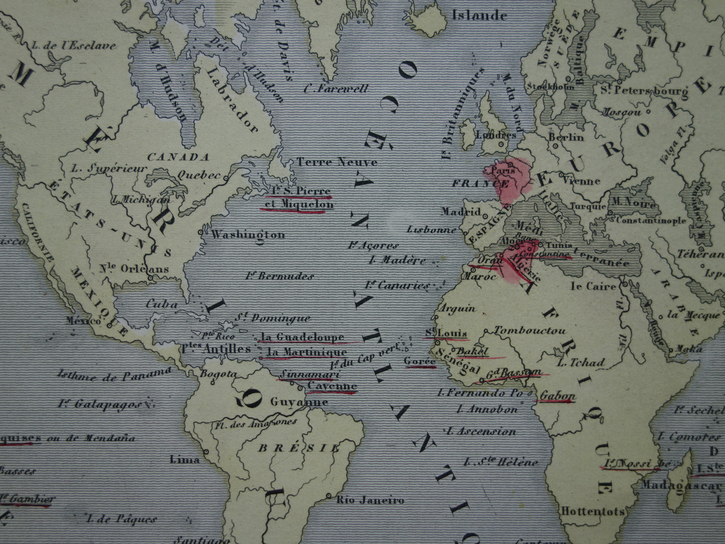 World map with French colonies from 1870 original antique old hand-colored map France