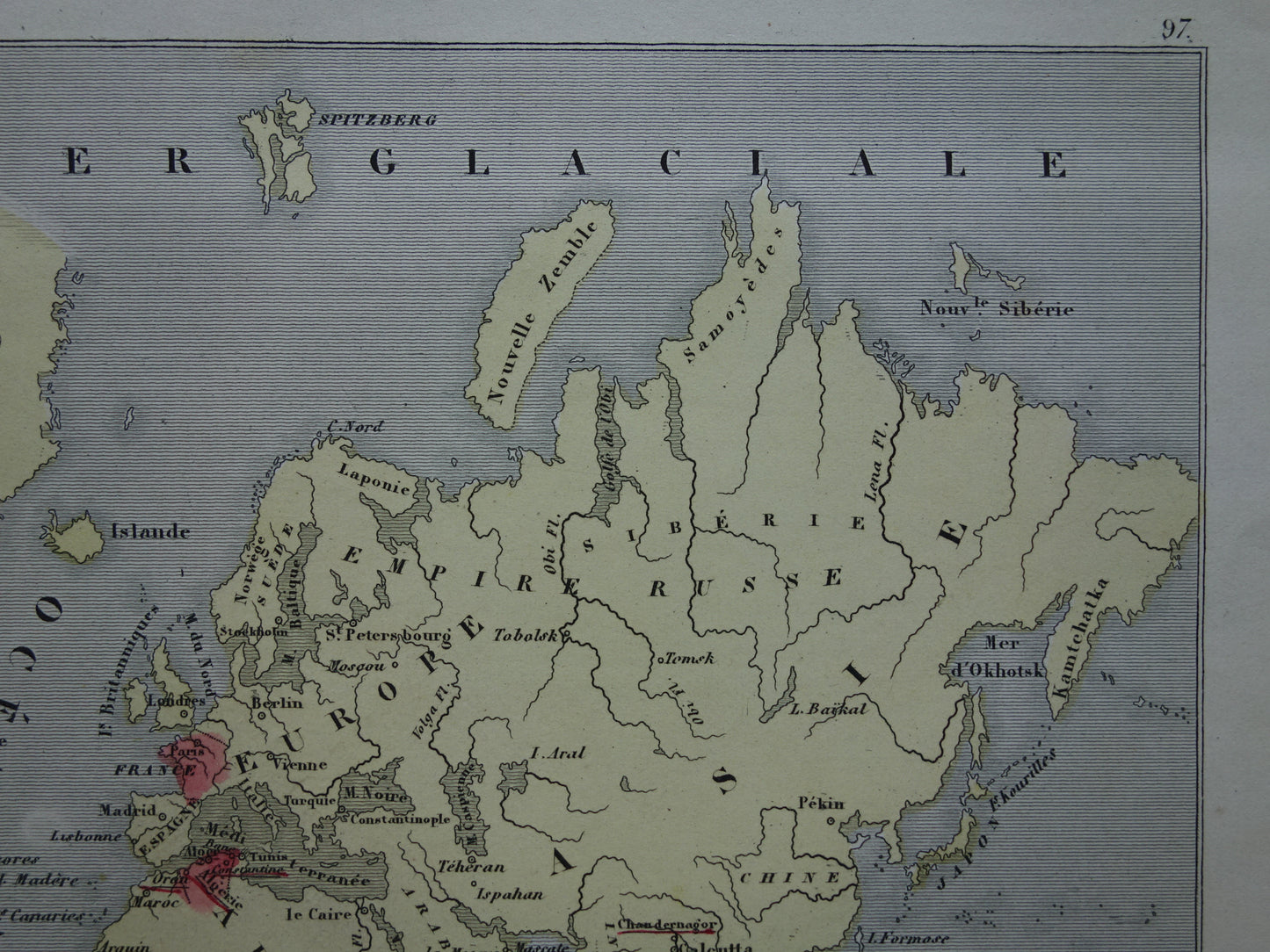 World map with French colonies from 1870 original antique old hand-colored map France