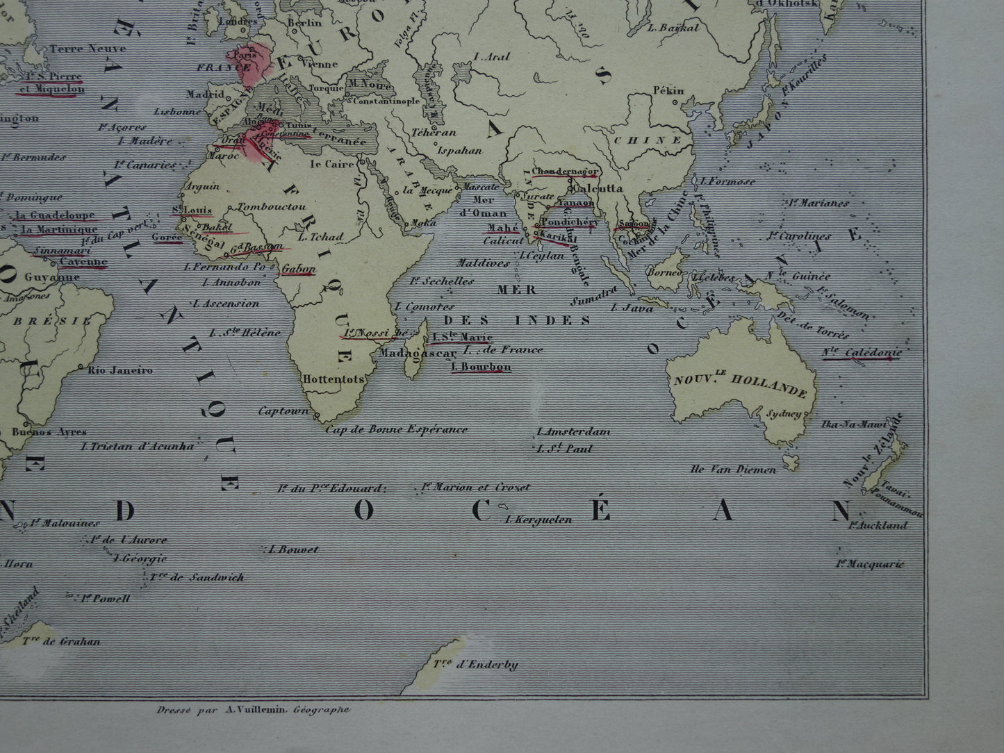World map with French colonies from 1870 original antique old hand-colored map France