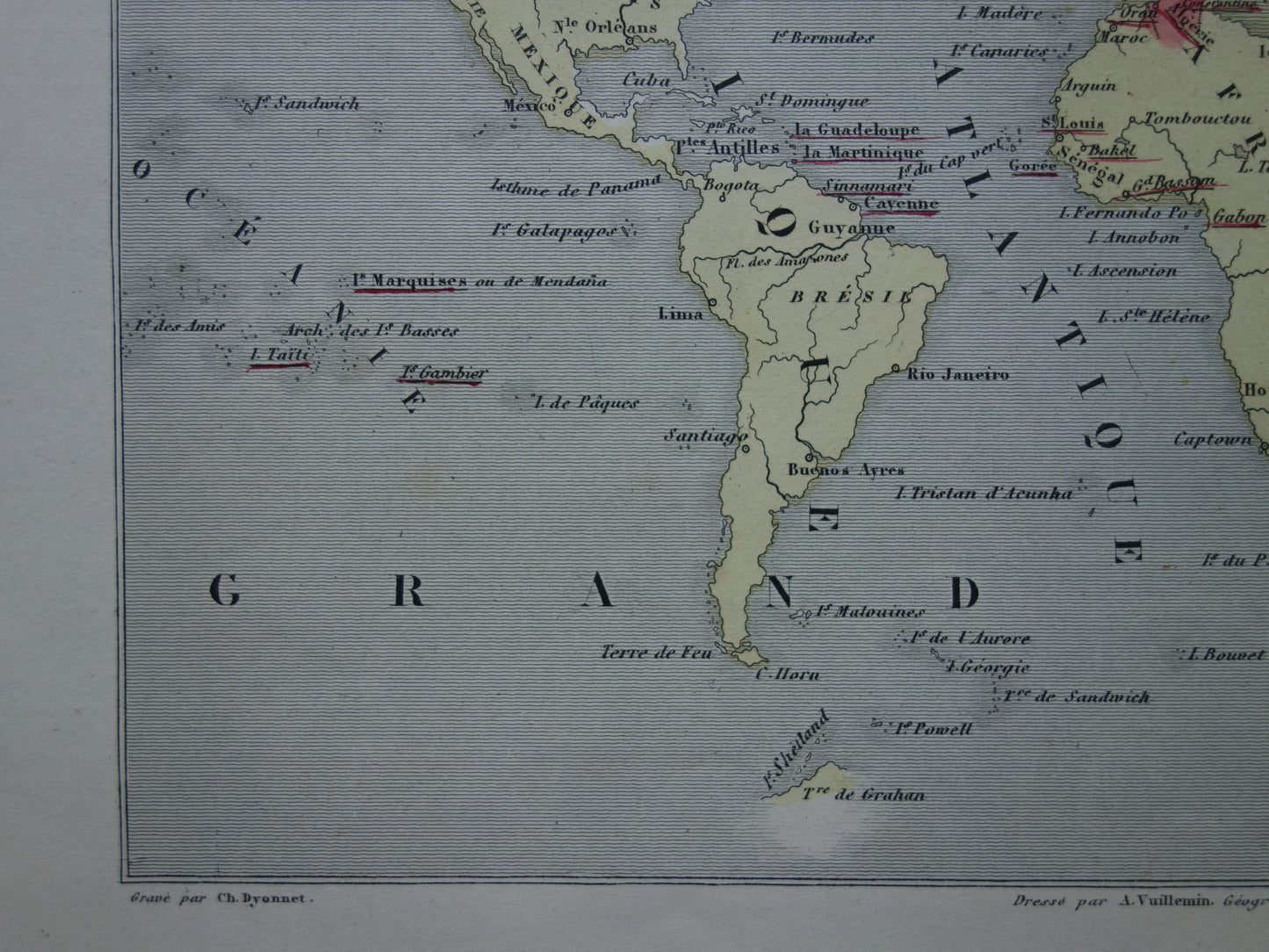 World map with French colonies from 1870 original antique old hand-colored map France